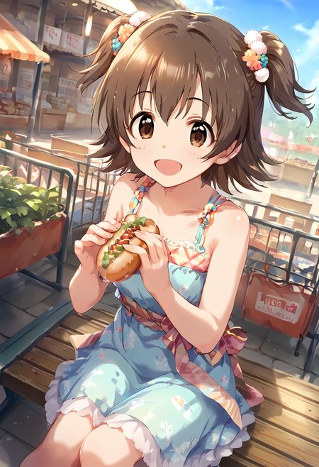 score_9, score_8_up, score_7_up, source_anime,masterpiece, best quality, high_resolution,8k,Perfect features, intricate details,Ray Tracing
break
1girl,akagi miria, short hair, brown eyes, two side up, brown hair, hair ornament,flat chest,happy,closed eyes,hotdogmgmg, holding hotdog, both hands,eating hotdog,tan,shiny skin,shop,sitting on bench,day,outdoors,
<lora:Akagi_Miria-65:0.8> ,   <lora:_sdxl-hotdogmgmg-pony:0.6>  ,<lora:detailed_hands-000002:1>