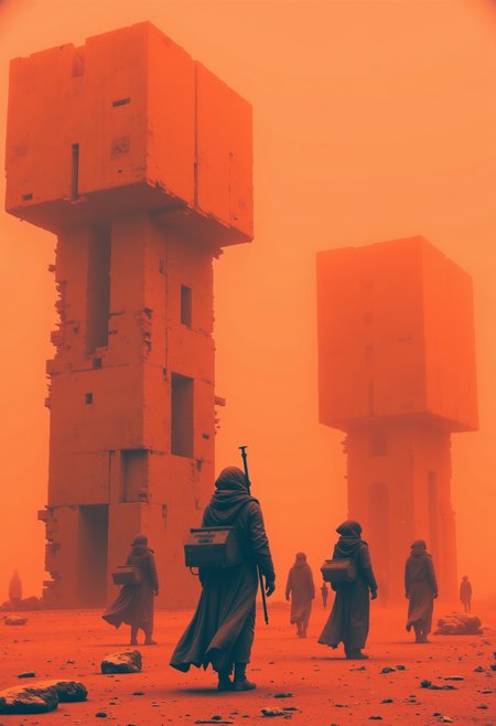 neon-mist ,  A cityscape lost in timeâmassive, brutalist concrete structures jut from the sand, their once-mighty facades crumbling under years of wind erosion. The sky is the color of rusted metal, a hazy orange fog that washes out the details of the distant ruins. In the foreground, a group of nomads in layered, asymmetrical robes carry crude weapons and salvaged technology, moving with purpose. Their faces are obscured, giving them an aura of mystery, as if they are the last keepers of knowledge in this dying world. The camera angle is extreme, looking up from ground level, making the structures feel impossibly tall, oppressive. The atmosphere is surreal, blending elements of post-apocalyptic survival with high-fashion editorial photography, where grit meets ethereal dystopia.