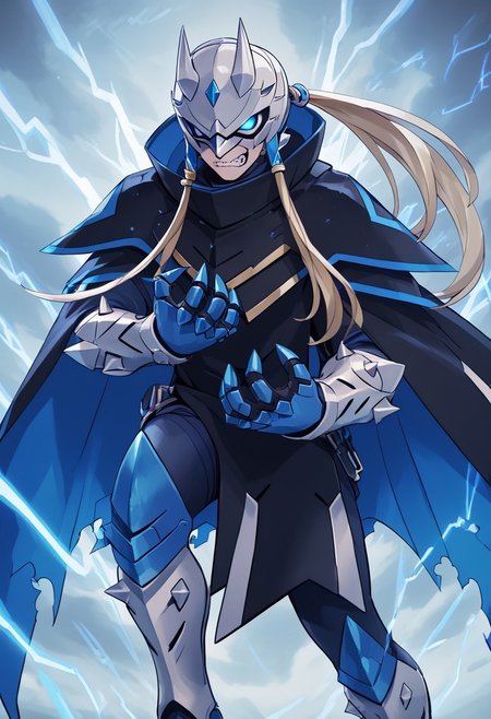 score_4,score_5,score_6,score_7_up,score_8_up,score_9 ((masterpiece,best quality,ultra detailed,highres,HD,4k:1.2)),
1 girl, solo, blonde, long hair, ponytail, blue eyes, round eyes, mask, horns, cape, cloak, armor, spikes, gauntlets, standing,
Lightning, thunder, thunderbolt, green lightning, clenching teeth, sharp teeth, angry,