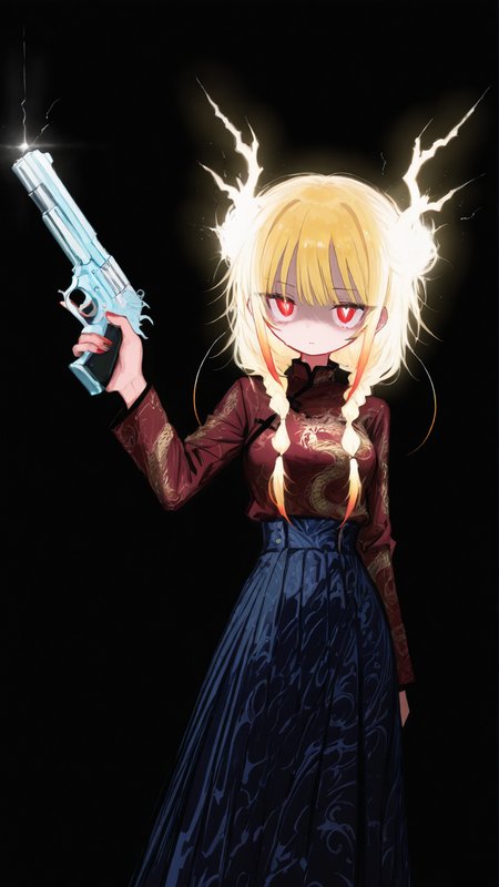 masterpiece, newest,absurdres,incredibly absurdres, best quality, amazing quality, very aesthetic, painterly,
1girl,high-waist skirt, blue skirt, red top, electric hair, finger on trigger, blonde, low-tied sidelocks, dragon print, 
 <lora:c3lesti4l_shit:0.8> c3lesti4l_illu, glowing,  <lora:edanoma_meu_style:1> edanoma_meu_illu