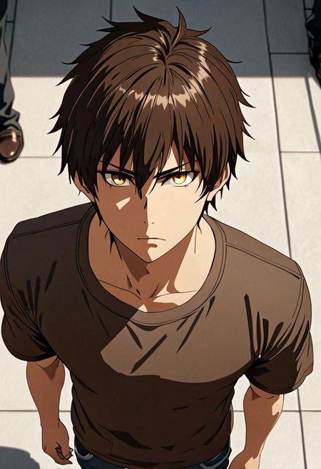 Highres, Masterpiece, High Quality, 4K, 8K, solo, 1Boy, Seiya Kanie, short dark brown hair, golden eyes, standing, straight facing upwards, casual, seen from above, arrogant face, dominant, intimidate, easynegative, detailed_eye_model