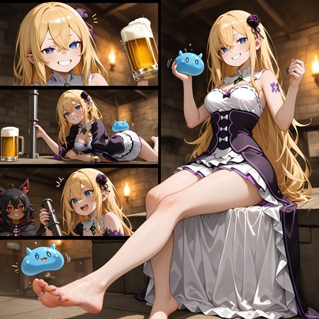 grin, Electric Rose Theme, RTX, very long hair, violent, pointed_ears, newest, absolutely eye-catching, motion_blur:1.1, 8K, beer smell., masterpiece, very aesthetic, dark skin, spring, best quality, depth of field, Coy foot tuck - Side-sitting with feet tucked behind, forearm tattoo, Caramel blonde hair, ultra-detailed, slime_(creature), medium breasts, absurdres, Leaking pipe in a brewery cellar, nail_polish, amazing quality, escher-style geometry, 4koma, long_nails, 2girls, ambient occlusion, Wavy hair, tattoo, Felt (Re:Zero), Midnight, in the style of ck-blz, Lace-up corset with a tutu skirt., anime character, one foot peeking out with toes visible, motion_lines:1.1, barefoot, torchlight