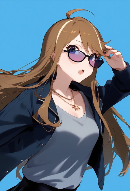 1girl,
tokoro megumi,


ahoge, alternate costume, blue eyes, sunglasses, jewelry, collarbone, looking over eyewear, open clothes, casual, grey shirt, blonde hair, black skirt, blue background, jacket, brown hair, necklace, open jacket, hair between eyes, sidelocks, two-tone shirt, swept bangs, adjusting eyewear, solo, open mouth, skirt, pink hair, long hair, shirt, streaked hair, long sleeves, looking at viewer, simple background, upper body, multicolored hair, black shirt,

sfw
<lora:a31_char_new_tokoro_megumi-000018:1> <lora:a31_style_koni-000010:0.8>