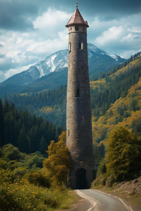 realistic analog photo, award winning photo, vary wide shot of stone witow tower:1.3, (Military watchtower), scenery,  hills, dirt road, nature, outdoors, RAW, highres, 8k, uhd, High Dynamic Range, tonemapping, crisp details,