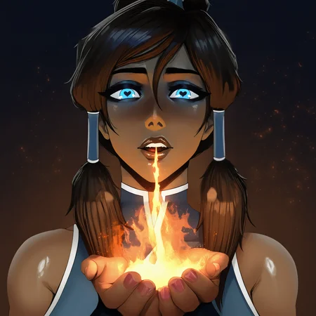 korra, 1girl, solo, blue tribal clothes, cupping hands, holding fire, fire reflection, eye reflection, 
 <lora:nyuunzi_noobaivp1_43:1> supnu21, ,masterpiece, best quality, newest, absurdres, highres,