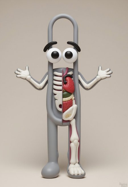 A 3D-rendered Clippy figure, split down the middle, presenting two contrasting themes. One half reveals clippys skeletal structure, with white bones and visible organs such as a bright red heart and green liver.  The other half displays the classic Clippy as a paperclip with big eyes.