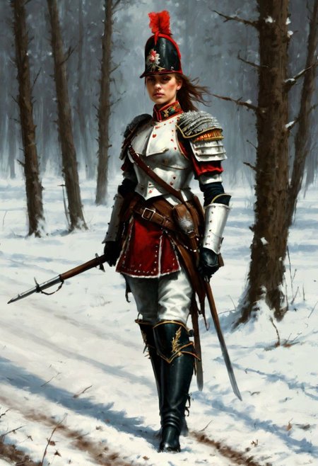 beautiful slim large-breast young heavy-armor female Hungarian hussar, long boots, digital painting in jrst artstyle