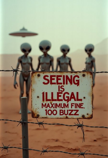 [Paranormal evidence photograph ] ((A warning sign with the words "Seeing is Illegal: Maximum Fine 100 Buzz" seen printed in easily seen legible font, is seen on a (barbedwire fence) in a (hot desert)), ( Only the text "Seeing is Illegal: Maximum Fine 100 Buzz" is seen printed on the warning sign that is on a (barbed wire fence) in a desert where (heat haze) rises from the sand)), 
<< BREAK >> ,
((In the distant background, deeper in the desert is an aiforce base, (flyingsaucer type UFO's), and (frightening aliens with (bulbous grey heads) and giant (all black eyes), (they are all seen behind the warning sign with the script "Seeing is Illegal: Maximum Fine 100 Buzz" seen printed on it. ))
[(photographed using a Hasselblad 500CM with a Zeiss Distagon 40mm f/4 lens), (soft focus effect), (photographed on Kodak Portra 400 film, pushed two stops to enhance grain and shadow detail)]