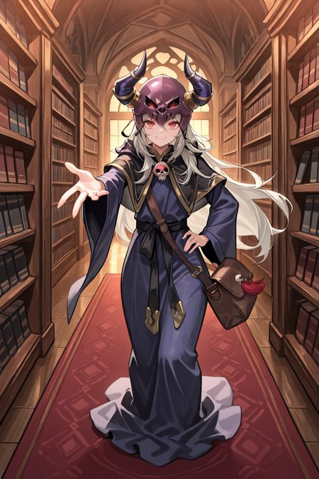 masterpiece, very aesthetic, absurdres, best quality, amazing quality, high resolution, <lora:illustrious_quality_modifiers_masterpieces_v1:0.8> , <lora:ChamIllustriousBackgroundEnhancer:0.5>,  solo, <lora:NecromancerIL:0.7> , necdef, adult male, 1boy, red eyes, long hair, grey hair, skull, horned helmet, horns, fake horns, skull brooch, black capelet, robe, long sleeves, bag, full body, looking at viewer, smile, interior, study, library, bookshelves, hand on hip, reaching towards viewer,