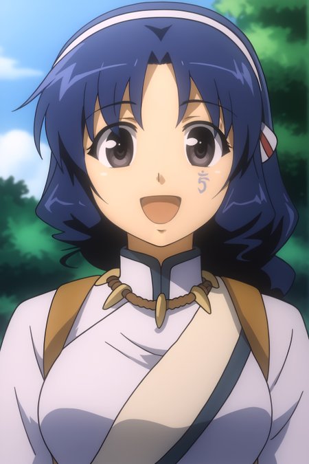 <lora:Rana:0.8> white background, Rana, rating all, looking at viewer, solo, long hair, smile, open mouth, jewelry, blue hair, upper body, braid, hairband, necklace, tree, anime coloring