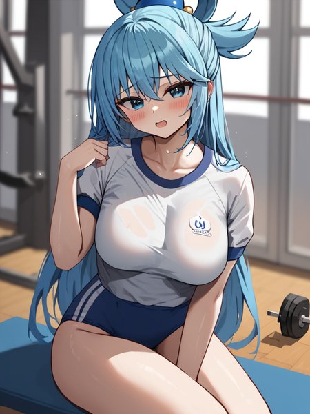 score_9,score_8_up,score_7_up,<lora:aqua_(konosuba):1>,1girl, single_hair_ring, large_breasts, aqua_\(konosuba\), blue_buruma, gym_uniform, gym_shirt, highres, thighs, white_shirt, looking_at_viewer, short_sleeves, solo, blush, collarbone