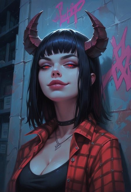 score_9, score_8_up, score_7_up, score_6_up, aesthetic ,  punk, demon, horns,  outdoors, alley, night, graffiti, flannel shirt,  solo,  dutch angle,  g0thicPXL,  (big lips:0.6), (close up:1.2), portrait, large breasts, smug,  skinny, realistic