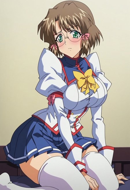 <lora:RaikaKenStyle-09:1> true blue kaya, short hair, brown hair, hair ribbon, green eyes, glasses, blush, (school uniform), skirt, thighhighs, long sleeves, white jacket, blue skirt, miniskirt, puffy sleeves, pleated skirt, <lora:Kaya_-_a«a¤_TRUE_BLUE_Gaiden_for_Pony:1>, rating_questionable,1girl, breasts, solo, large_breasts, kneeling, one_hand_on_ground, other_hand_on_thigh, torso_twist, side_view, elegant_pose, soft_lighting, medium_angle, clean_background, artistic_composition
  score_9, score_8_up, score_7_up, score_6_up, shiny, shiny skin, shiny hair, 8k, masterpiece, absurdes, highly detailed, highres, high quality, best quality, anime screencap, anime coloring,