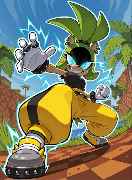1girl, solo, full body, no humans,
<lora:Surge-the-Tenrec_v4:1> surge the tenrec, black face, aqua eyes, topknot, piercing, earrings, studded bracelet, studded hair tie,
white gloves, ring, black shirt, torn sleeves, yellow pants, baggy pants, belt, grey sneakers, yellow sneakers,
glowing eyes, evil grin, bright pupils, electricity, aura, fighting stance,
<lora:Green_Hill_Zone-IL:1> gr33nh1ll, outdoors, blue sky, palm tree, grass, water, checkered dirt,
<lora:DynamicPoseIL2att_alpha1.0_rank4_noxattn_900steps:1> dynamic pose, foreshortening, extreme perspective, extremely detailed, highres, masterpiece, best quality