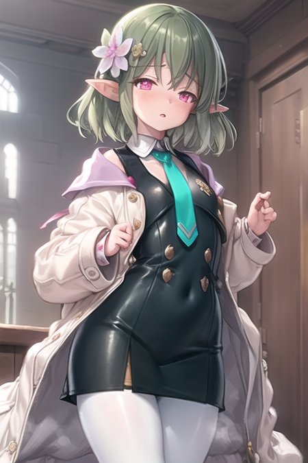 nsfw, masterpiece,best quality, posing, 1girl, solo, pointy ears, pink eyes, pantyhose, hair ornament, white pantyhose, green hair, hair flower, necktie, long sleeves,   bangs, short hair, jacket, puffy long sleeves, coat, shirt, puffy sleeves, white jacket

 <lora:Castelle:0.8>