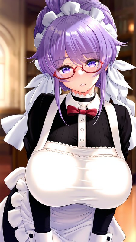 amazing quality,absurdres,best quality,masterpiece,highres,newest,detailed,detailed body,detailed face,masterpiece,best quality,solo,
mitsuka,1girl,breasts,glasses,maid,purple hair,maid headdress,apron,purple eyes,maid apron,huge breasts,<lora:mitsuka:1>,