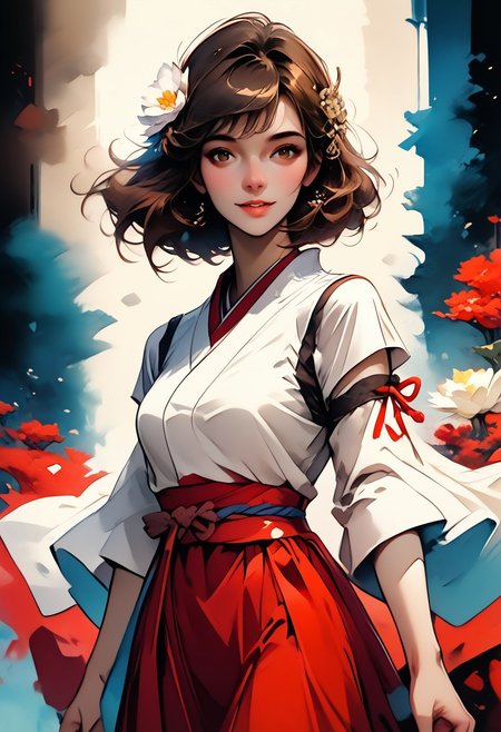 score_9,score_8_up,score_7_up,WATERCOLOR,1girl,solo,breasts,looking at viewer,smile,short hair,skirt,brown hair,long sleeves,hair ornament,bare shoulders,brown eyes,standing,flower,cowboy shot,parted lips,detached sleeves,japanese clothes,sleeveless,hand up,hair flower,wide sleeves,kimono,sash,obi,white flower,white kimono,sleeveless kimono,red sash,