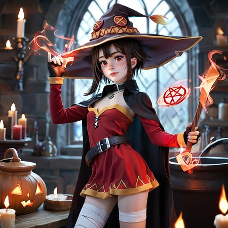 score_9. score_8_up, score_7_up, score_6_up, score_5_up, score_4_up, 
 <lora:Megumin_Pony:1> , Megumin, short_hair, sidelocks, brown_hair, red_eyes,