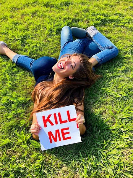 Top-down shot of a young woman with long, wavy brown hair laughing and reclining in a sun-drenched meadow on a warm summer afternoon. Holding sign that says "Kill Me",