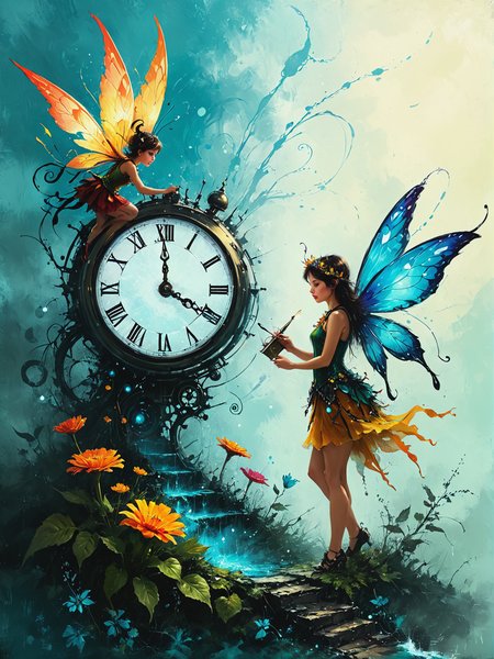 Time-keeping fairies tinker with reality's clockwork, ultra-fine digital painting, <lora:xl_more_art-full_v1:0.3>,  <lora:Desolation:0.6> <lora:gorgoeus_splash_of_vibrant_paint:0.7> Gorgeous splash of vibrant paint