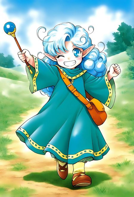 general,highres, ultra-detailed,very aesthetic,best quality ,best hands, BREAK <lora:Rumy_Fortune_Quest_Ver2.0_IS:1>Rumy(Fortune_Quest), 1girl, solo, blue eyes, pointy ears, blue hair, curly hair, ahoge, 
grin, one eye closed,, smile, long sleeves, , blue robe, bag, 
 closed mouth, solo, 1girl, smile, long sleeves, looking at viewer, 
green dress, holding, wand, open mouth, wide sleeves, 
full body, long hair, 
fantasy, sky, grass,
