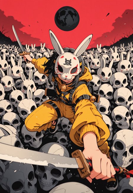 solo, safe, S4bit4mago_illu, [limited palette], androgynous, yellow jumpsuit,
sword, incoming attack, foreshortening, (smear frame), mask on head, skull_mask, extra masks, too many masks, rabbit mask, covered face, bell armlet, harness,
photo background, red sky, black moon,
[khyle., [nocopyrightgirl, moshimoshibe, [qqqrinkappp]]],
masterpiece, absurdres, newest, [dynamic pose]