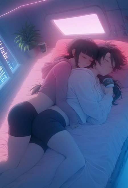 score_9,score_8_up,score_7_up,score_6_up, 2girls, both girls in bed, next to each other, both are sleeping, 2 girls are spooning, spooning, spoon cuddling, cuddling, love, loving cuddle, 
 sleeping in bed next to a large window, eyes closed, sleeping, steaming coffee cup on windowsill, 
wearing croptop hoodie, black croptop hoodie, 
hoodie, black shorts
long hair, black hair, low ponytail hairstyle, head resting on pillow, laying on the bed, plants on the windowsill,  facing viewer,  tidy bedroom, small room, cramped bedroom, teddies on the bed, pink pillows, wearing legging, see through thights, black tights, cyberpunk city view out of the window, neon light, purple neon lights,