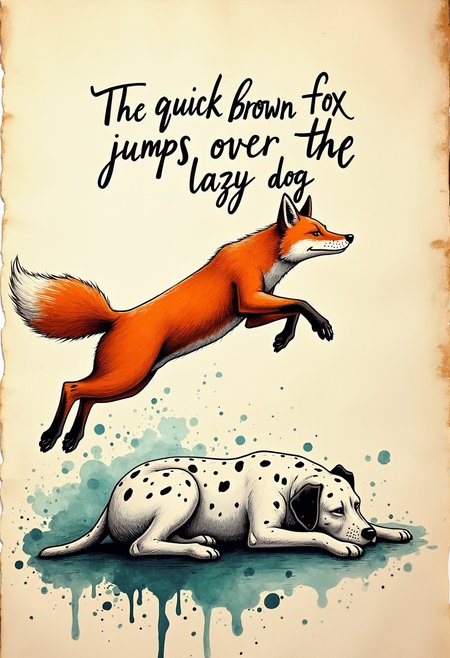 dogeared damaged paper splatted with blotches of spilled colored ink, evocative ink illustration of dynamic movement motion of leaping happy bushy-tailed fox, leaping over tired sleeping slow huge Dalmatian dog, above friendly handwritten calligraphy text reads "The quick brown fox jumps over the lazy dog"