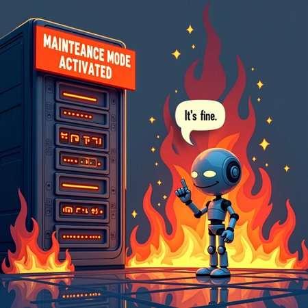 Data centre on fire with a banner that says "MAINTENANCE MODE ACTIVATED", a robot is maintaining with a bubble saying "It's fine"