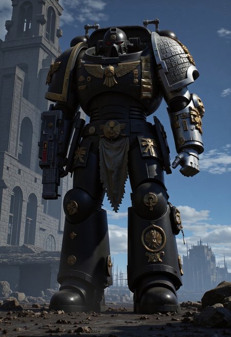 (Masterpiece, ultra-realistic, 32k, best quality, hyper-detailed, cinematic lighting, intricate textures, photorealistic, dramatic composition, immersive depth.)
Golden runes and cybernectic line decorate, Grimmdark, darktale, machanical, Elden rings. Empty space, Interstellar cosmic background.
A brutalist walking Mech, strides across a post-apocalyptic ruin Temple, fighting stance. Its massive armored frame, adorned with gilded plating, pulses with glowing cybernetic runes, blending divine authority with cold mechanical precision. Black mix Golden. 
armed with bolter gun.
On the space deck, giant Gothic-mechanical Cathedral nearby.
A dynamic wide-angle shot, with lowkey lighting, deep atmospheric contrast, and high cinematic tension, captures the monumental scale of this gothic-cybernetic war titan.