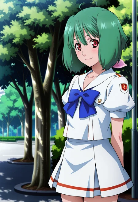 street, park, 
BREAK,
light smile,  looking at viewer, hands behind back,
cowboy shot,
dynamic angle, from side,
BREAK,
 <lora:rankaX_illustriousXL_v01:0.9>
ranka lee, rankamaria, green hair, red eyes, short hair, ahoge, 
collarbone, pleated skirt, school uniform, white skirt, puffy sleeves, short sleeves, blue ribbon,, source_anime, very aesthetic, anime coloring, masterpiece, 
best quality, amazing quality, ultra detailed, very aesthetic, 
detailed background, 
BREAK,