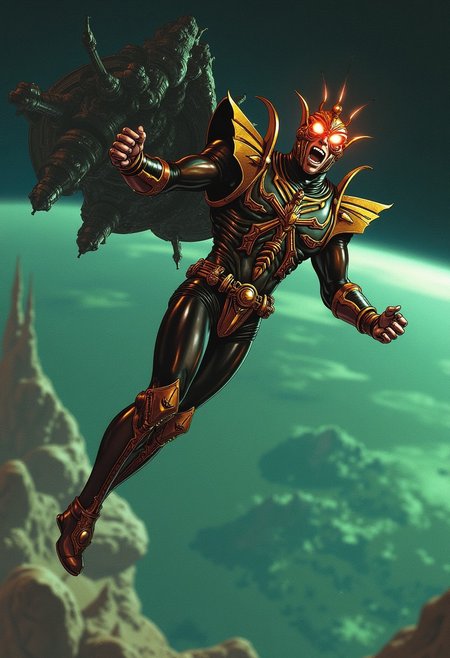 exaggerated, dynamic-pose action, High-quality, saturated backlit well-lit-eyes piercing-eyes, natural-lighting, light reflected in eyes,
 BREAK, 
The subject is a cosmic Saint Seiya style superhero with a blaster, metal face, fierce expression, power armour in at deco style, armor clad warrior man, ornamented, lean but muscular, clenching teeth in exhaustion, flying in space above planet earth, behind him is a dark and ominous space station, 
BREAK, 
detailed background, great lighting, atmospheric lighting,
the background features a greenish but mostly dead mountainous landscape.