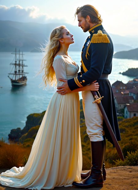 Photograph of a young couple standing on a cliff overlooking the ocean. The man is wearing a navy blue military uniform with gold epaulettes and a white dress with a long train. He has long blonde hair and is holding a sword in his right hand. The woman is standing next to him with her arms around his waist. They are looking at each other with a romantic expression on their faces. In the background, there is a beautiful view of the ocean and a ship sailing on the water. The sky is blue and the sun is setting, casting a warm glow over the scene. The overall mood of the image is romantic and dreamy. <lora:add-detail-xl:.5>  <lora:Flux-style-xl-lora:.5>