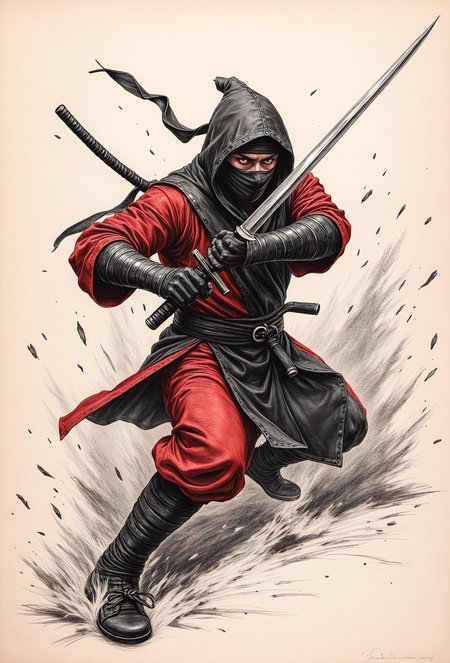 rbcharc0al, traditional medium art, a ninja flying kick while swinging a katana, motion art, highly detailed