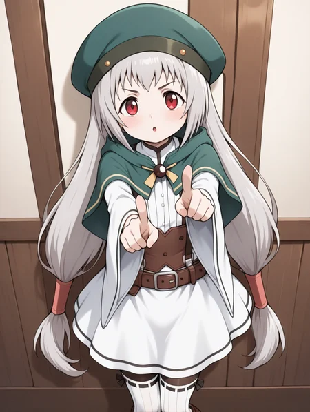 perfect quality,best quality,absolutely eye-catching,ambient occlusion,raytracing BREAK
1girl,<lora:rumina IL v1.2:0.8>,rumina,grey hair,low-tied long hair,twintails,green hat,red eyes,green capelet,white dress,wide sleeves,belt,pantyhose,(vertical stripes white thighhighs:1.2),boots,suspenders,brown corset,suspenders,ribbon-trimmed thighhighs,, pov, looking at viewer,upper_body,the_pose,pointing_at_viewer,reaching,legs_together,