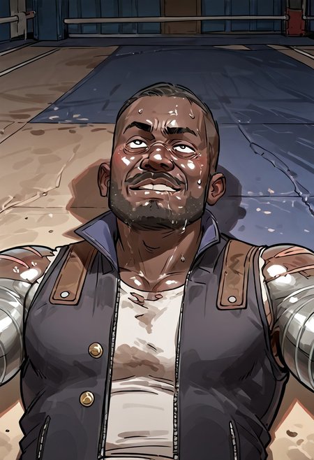 (perfect face:1.4),  1 male, high quality, high detail, perfect eyes, (close up:1.3), (light particles:0.6), masterpiece, (indoors:1.5), fighting stance, serious face,fighting arena, (boxing ring:1.2), blue background,
JaxBriggs, (dark-skinned male:1.8), metal arms, beard, vest, male, muscular male, (upper body shot:1.5),  (upper body portrait:1.5), fighter shot, (high angle:1.5), (on the ground:1.5), sweat, (passed out on ground:1.7), (wet face:1.4), blush, saliva drooling on ground, passing out, (dizzy eyes:1.4), laying on ground, laying on back, (up close shot of face:2.2), rolled eyes, tilted head, head on side, half closed eyes, (sweat puddle:1.6), hearts, (passed out:1.7), (smile:1.1),
BREAK
 (skin detail:1.3), (shadows:1.5),  muscular calves, 
BREAK score_9, score_8_up, score_7_up, score_6_up, source_cartoon, rating_explicit