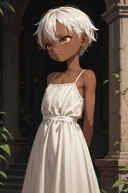 score_9,score_8_up,score_7_up,score_6_up,score_5_up,score_4_up,
1girl, solo, gotyuistyle, white hair, dark skinned female, small, petite, white dress, hands behind back,
 <lora:gotyuistyle:1>
 <lora:1StS_age_slider_v1_initial_release:-4>