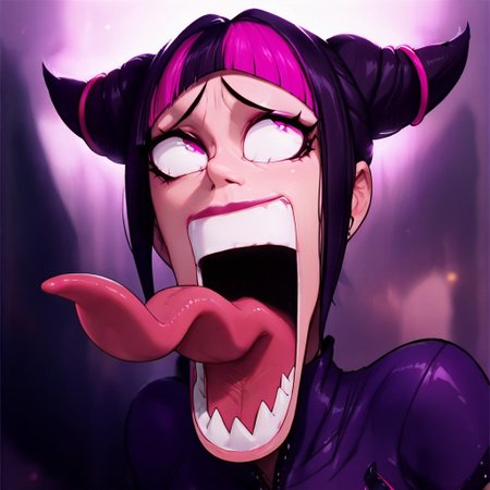 masterpiece,best quality, highly detailed, score_9, score_8_up, score_7_up, score_6_up,source_cartoon, 1girl,  juri han, one_piece_funny_face, eye pop, snot, sharp teeth, eyes vein lines, open mouth, tongue out, long tongue