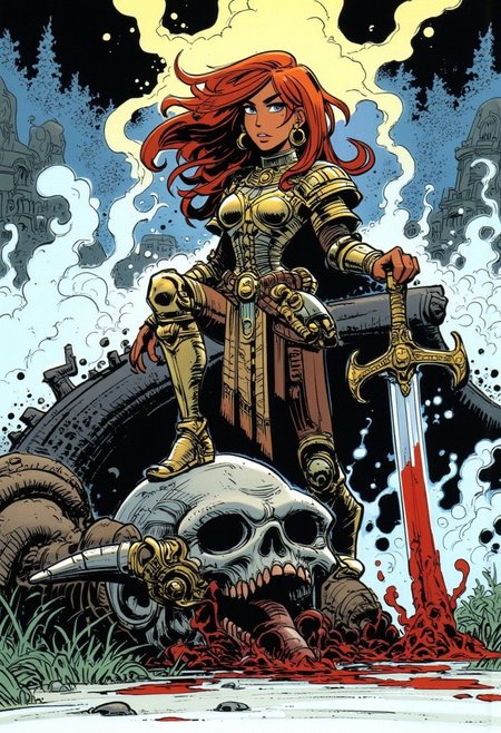 Niji Stan Katayama style Illustration by Jean-Claude Mézières of a fierce female medieval warrior wearing chainmail armor, she has frizzy auburn hair, she is standing beside the severed head of a giant troll laying on the ground, she rests one foot on top of the trolls head in victory, beside her there is a bloody sword sticking into the ground, she has one hand on top of the swords pommel.