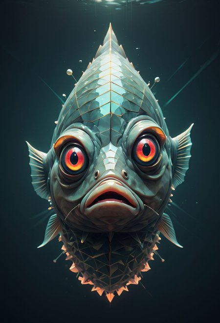 Surreal fish, glowing eyes, glitchcore, double exposure, poster style, geometric, triangles, glitchy, eerie, lights, occult, dark, fish fish fish