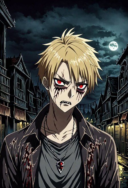 high resolution, solo, best quality, 1Boy, Yamato Ishida, Blond Hair, Necklace, night, vampire, gloomy eyes horrorcore, OverallDetail