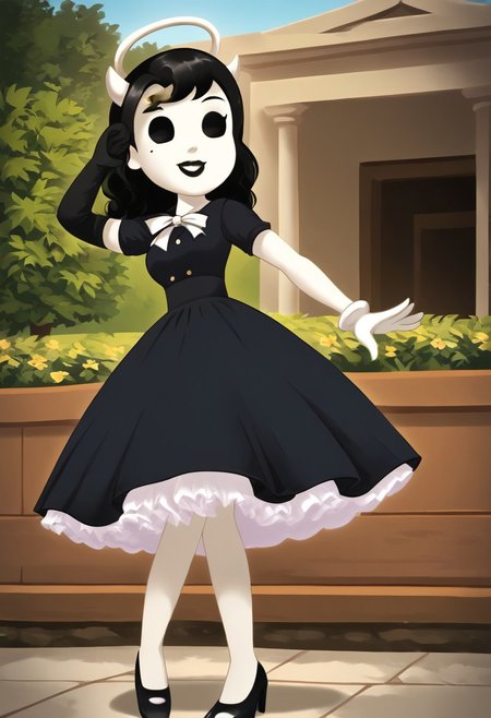 (Masterpiece, best quality:1.2), score_9, score_8_up, flat color, flat shading, soft shading, lighting, Alice Angel in a 1950's dress with a button down top, a fluffy frilly ruffled full petticoat, and high heels, dress, layered petticoat, frilly petticoat, fluffy petticoat, full petticoat, wide dress, flowing dress, long skirt, solid colored skirt, short sleeves, black hair, Bendy and The Ink Machine, series accurate, cute, best high quality, high res, black lips, white colored skin, whole body shot, 1girl, solo, outside, standing straight, in a garden, cute, adorable, smile, low angle shot, cartoon, cartoon style, vector, solo, circle dress, 1950s, alice angel