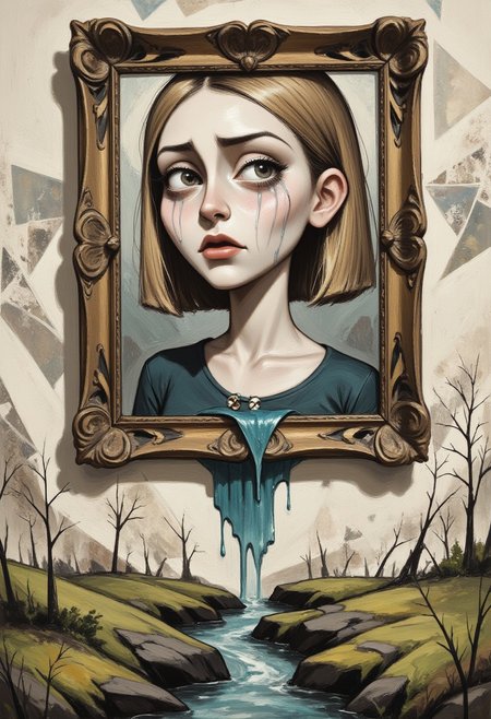 painting of a A girl is crying with tears frame to a wall, the tears come out of the painting to create a small river,pst012