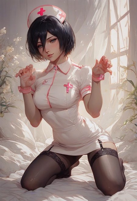 score_9, score_8_up, score_7_up, Expressiveh, score_6_up,1girl, realistic style, cute pose, mikasa ackerman, black hair, short hair,, nurse cap, nurse dress, thight straps, garter straps, black pantyhose, kneeling,