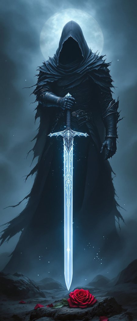 From swirling mist, a towering hooded knight emerges like a specter from legend. His silhouette cuts through the fog, exuding power and enigma. Cloaked in black, its tattered edges billow dramatically, whispering tales of battles fought. In his gauntleted hand, he grips a magnificent longsword catching pale moonlight. Intricate runes spiral along the blade, glowing with otherworldly energy that pulses like a heartbeat.
At his armored feet lies a solitary blood-red rose, vibrant against the bleak landscape—a beacon of life amid darkness. His face remains hidden in his hood's shadows, intensifying the mystery and menace. Ethereal wisps of spectral energy coil around his armor, suggesting a connection to realms beyond mortal comprehension.
The scene is bathed in cold, blue-tinged light, casting sharp contrasts highlighting his otherworldly essence. Deep shadows at the frame's edges add depth, focusing the eye on the central figure. The composition balances the sharp lines of his armor and sword against the soft curves of the rose and mist, creating a visually arresting tableau that juxtaposes strength with fragility, culminating in an epic portrayal resonating with awe.