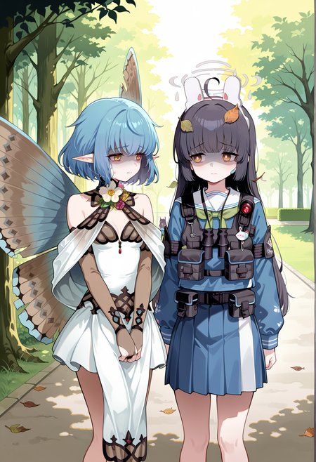 2girls, take your pick, outdoors, park, sad, looking to the side, tired, depressed, shaded face, leaf, 1girl, short hair, blue hair, pointy ears, yellow eyes, short dress, bare shoulders, flower ornament, bridal gauntlets, moth wings, damaged wings, small breasts  <lora:Hope_FGO:0.9> forest, standing
BREAK
2girls, take your pick, outdoors, park, sad, looking to the side, tired, depressed, shaded face, leaf, 1girl, miyu \(blue archive\), standing, vest, pleated skirt,, masterpiece, best quality, amazing quality, very aesthetic, absurdres, highres, newest