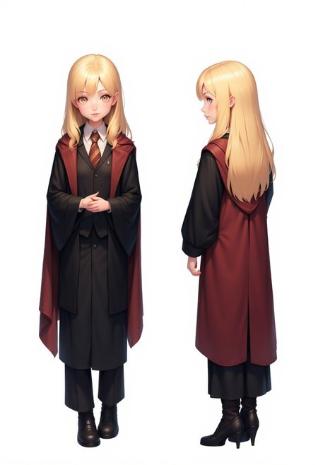 CharacterDesignFLUX,reference sheet,white background,simple background,multiple views, upper body, front, from side, color palette reference, high_detailed, captured in high detail, blond, girl, hogwarts, student, arrogant, holding hands, arrogant, diligent, serious, professionnal stance, humble stance, judgemental, hogwarts school uniform, school uniform, mean girl face, smile, woman, smiling, sadistic smile, foxy, evil intention,