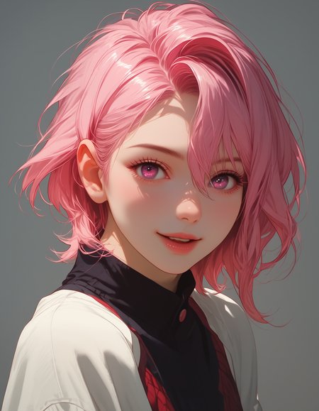 zPDXLxxx, Expressiveh, 

shiratori aira, pink hair, short hair, pink eyes, solo, open mouth, 1girl, hair between eyes, looking at viewer, long sleeves, jacket, school uniform,

small breasts, natural sagging breasts,

score_9, score_8_up, score_7_up,score_6_up,

highres, high quality, perfection, masterpiece, detailed, source_anime, simple white background, 1girl, solo, front view portrait, face focus, intricate features, beautiful girl, young adult, youthful, petite body, detailed face, beautiful face, innocent face, eyelashes, perfect eyes, detailed eyes, medium breasts, clothed, standing, smiling, looking at viewer,