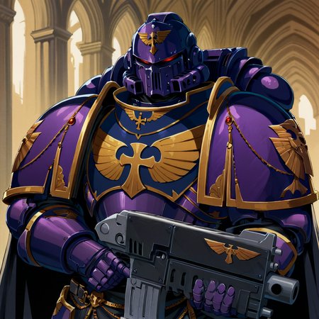 Anime Illustration, Space Marine, emperors children legion, portrait, standing. He is holding a bltgun bolter weapon. He is wearing a helmet, intricate purple armor, gold trimmings, cross detailing, tabard, torn cape, gauntlets, black fur, plate armor, full armor, panoply, gothic architecture,  background, extremely detailed, absurdres, masterpiece, cel shading
<lora:Astartes:0.8>  <lora:add-detail-xl:0.8>  <lora:Bolter_-_Warhammer_40000_SDXL:1>  <lora:Bad_Hands_lora:0.8>