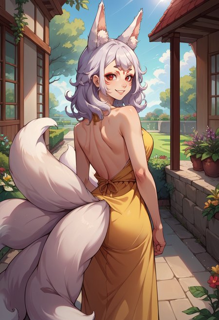 score_9, score_8_up, source_anime, 1girl, solo, kosaka1st, medium hair, facial mark, red eyeshadow, forehead mark, makeup, fox ears, animal ear fluff, fox tail, multiple tails, from behind, yellow sundress, garden, day, sunshine, smile, looking back, <lora:spninaKosakaXLPony:1.0>